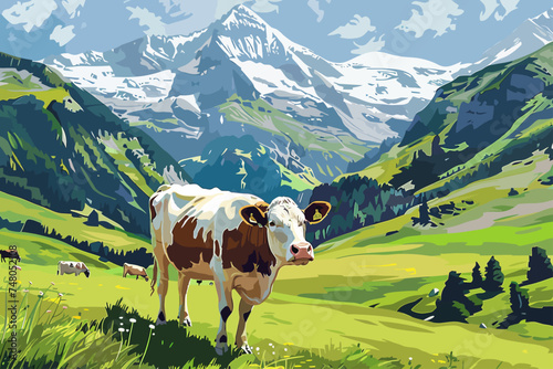 cow with mountain background photo
