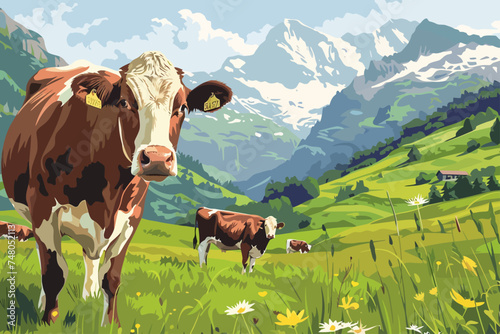 cow with mountain background