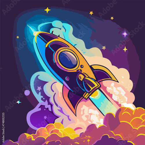 Colorful space ship, Rocket in space