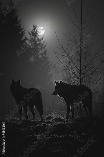 Cyber wolves in a dystopian wilderness, moonlit