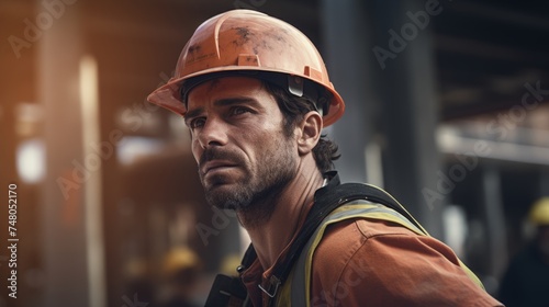 Caucasian bearded construction worker with safety helmet on head in vest