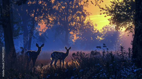 Two deer in a forest at dawn