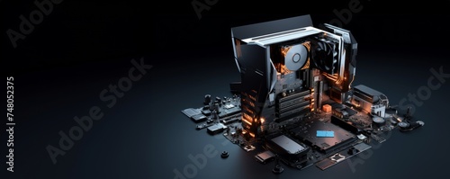 parts of a modern computer. hardware components mainboard cpu processor graphic card RAM cables and cooling fan flying out of black blue PC case on isolated abstract technology background