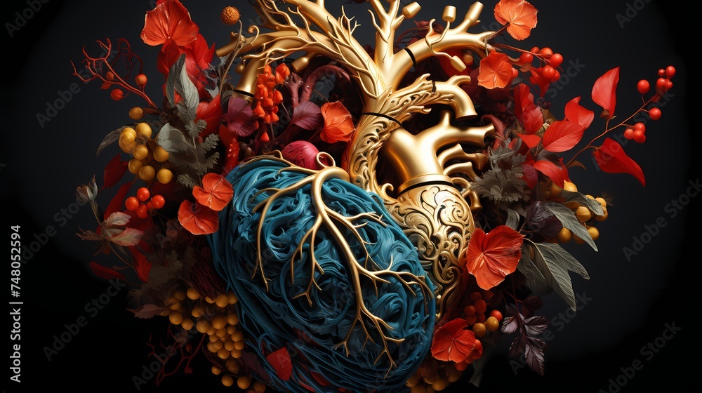 An artistic composition featuring an anatomical heart illustration, representing the study of human anatomy and cardiovascular health, with intricate details and vibrant colors.