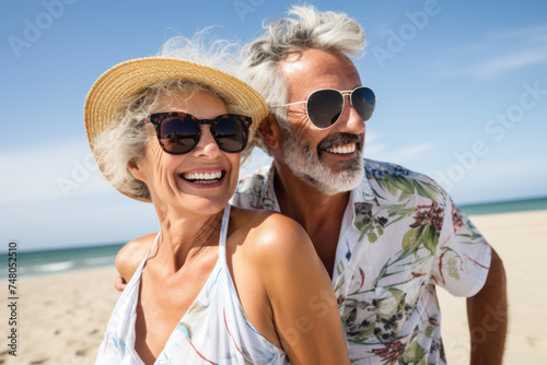 A beautiful elderly couple having fun on the beach.