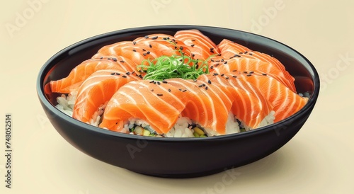 a bowl of sushi with salmon on top