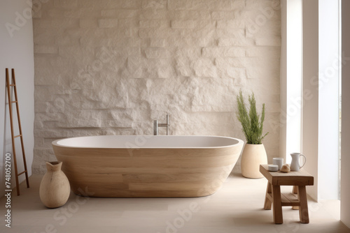 Stylish contemporary Minimalistic sandstone bathroom. 