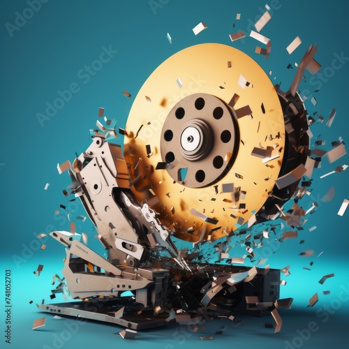 destroyed and shattered hard drive with pieces flying around. Data destruction concept