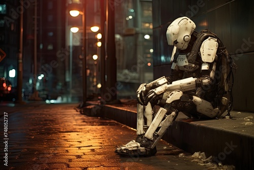 Robot sitting on the street in the city at night. Technology concept.
