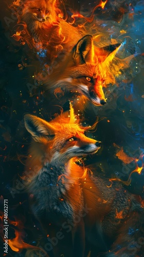 Foxes with flames for fur, dark abstract forest