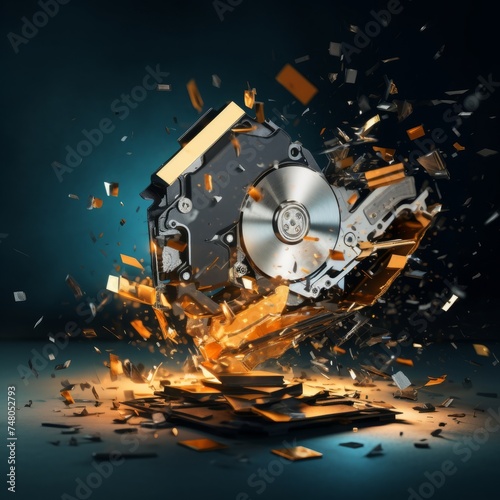destroyed and shattered hard drive with pieces flying around. Data destruction concept