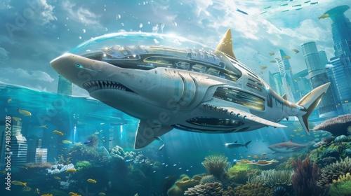 Futuristic marine life conservation, biotech sharks, vivid © kitinut
