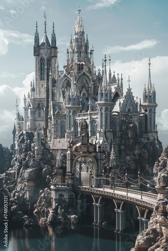 Gothic castle amidst a futuristic dystopia, bright theme