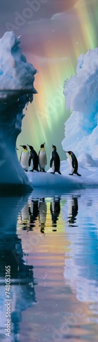 Icebergs reflecting polar lights  macro penguins marching