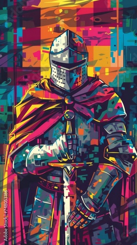 Knights templar hacking into a digital grail, colorful theme photo