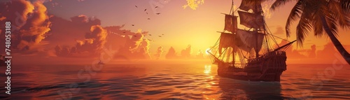 Legendary pirate adventures on tropical seas, sunset
