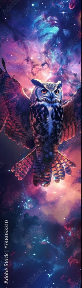 Mystical owls with galaxy wings, colorful nebula background