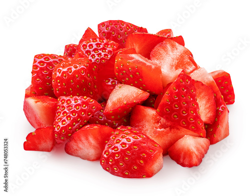 Cutted strawberry pieces isolated on white background. Chopped strawberry slices close up. .