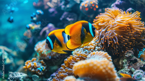 Two yellow fish swim underwater on yellow corals © jr-art