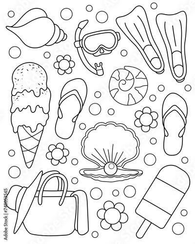 Summer set. Coloring page, black and white vector illustration.