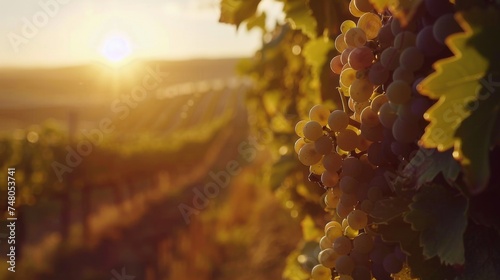 Sunset over vineyards with rolling hills, macro grapes