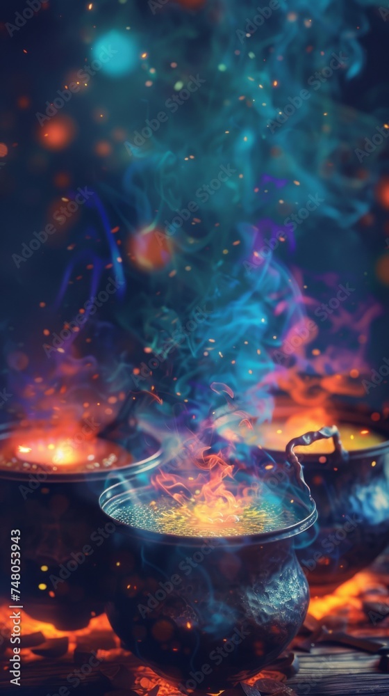 Witches brewing potions for healing, bright cauldrons