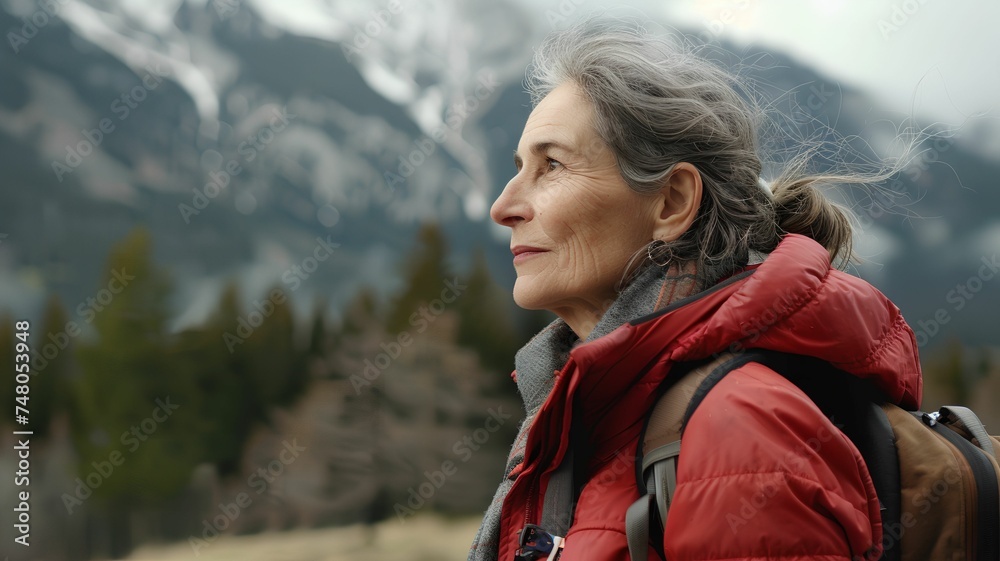 portrait of a woman in a red jacket, hiking in the mountains. Outdoor concept. Travel image style. For shop, banner, design, poster, advertisement portrait of a woman in a red jacket, hiking in the mountains. Outdoor concept. Travel image style. For shop, banner, design, poster, advertisement