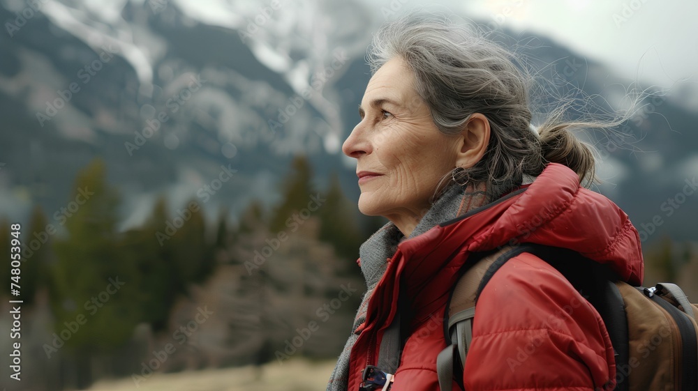 portrait of a woman in a red jacket, hiking in the mountains. Outdoor concept. Travel image style. For shop, banner, design, poster, advertisement