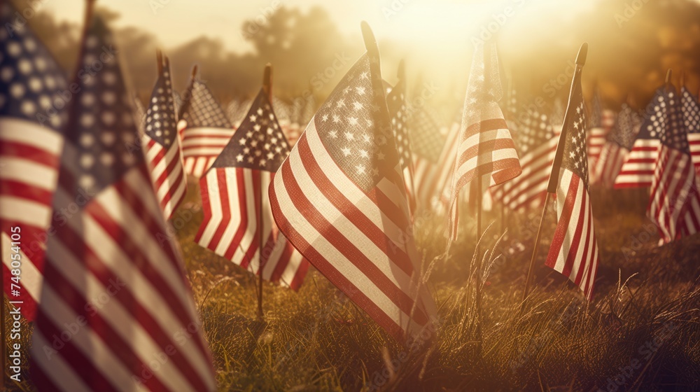 Field of American flags displayed on the honor of Veterans Day or Memorial Day celebration