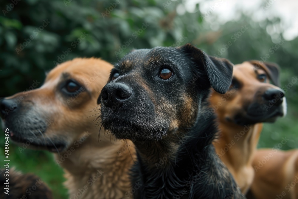Portrait of three dogs looking at the camera in the park Portrait of three dogs looking at the camera in the park