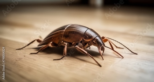  A close-up of a brown cockroach on a wooden surface