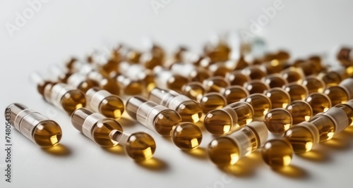  A collection of golden capsules on a white surface