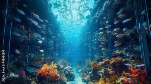 data center stored underwater with corals growing on the structure. Environmental and sustainable data center concept.