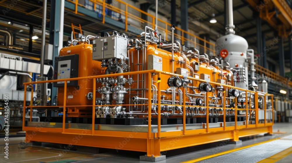 Modern Industrial Gas Processing Unit. Sophisticated gas processing unit with numerous gauges and valves in an industrial plant setting.