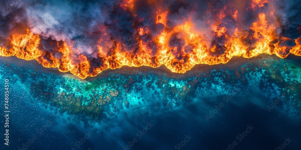  A Devastating Wildfire Meets the Ocean in a Dramatic Aerial Display of Fire and Water, Generative AI