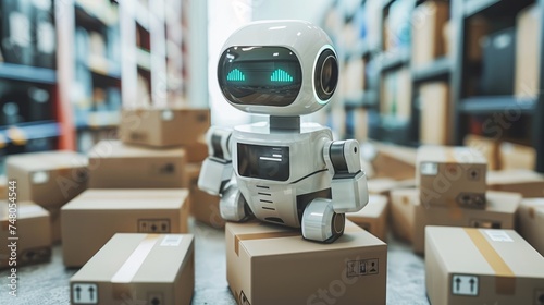 Storage Facility robot Loads Up Autonomous with a Parcel. automated robot handling cardboard boxes in factory production. RPA bots processing online orders, the unseen force behind e-commerce © saichon
