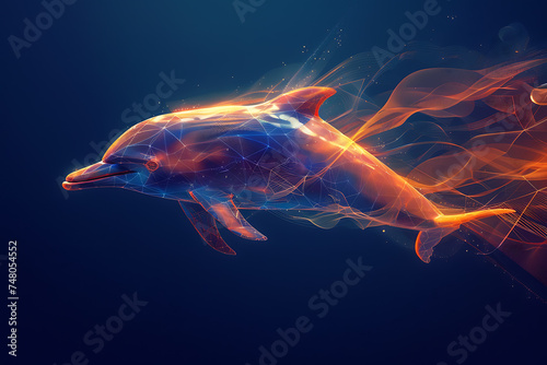 dolphin . Digital wireflame polygon illustration, blue background photo