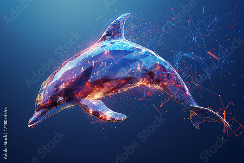 dolphin . Digital wireflame polygon illustration, blue background photo