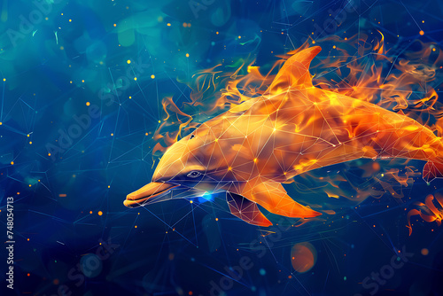 dolphin . Digital wireflame polygon illustration  blue background