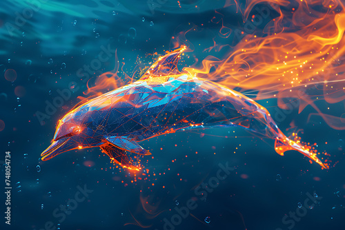 dolphin . Digital wireflame polygon illustration, blue background photo