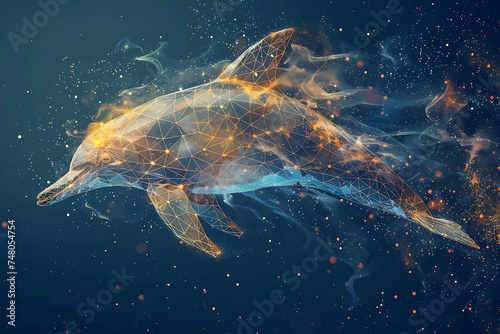 dolphin . Digital wireflame polygon illustration, blue background