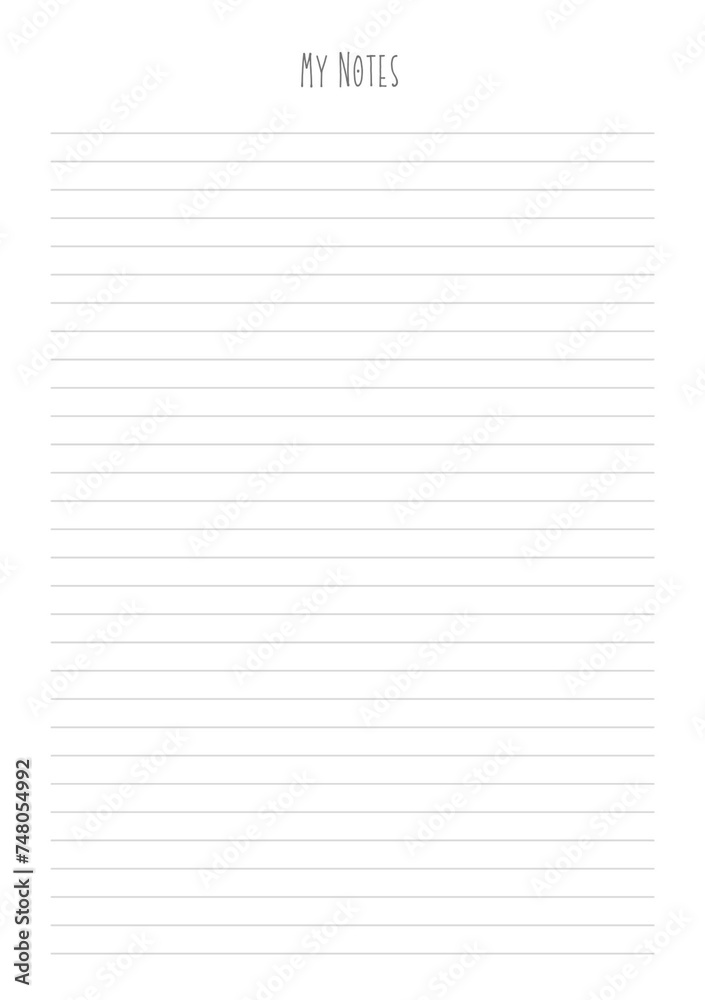 MY NOTES blank sheet of paper with straight parallel lines on white isolated background. Vector illustration. MY NOTES blank sheet of paper with straight parallel lines on white isolated background. Vector illustration.