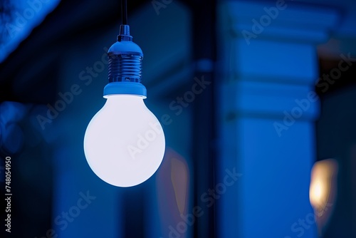 An electric blue light bulb hangs from the pole, illuminating the dark street