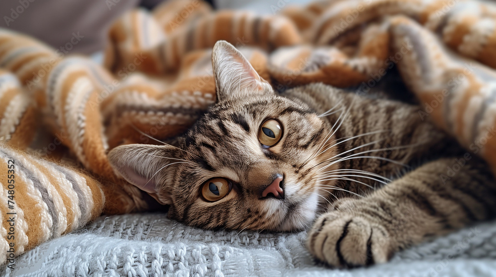 Grey Tabby Cat Resting Under a Brown Blanket on the Bed