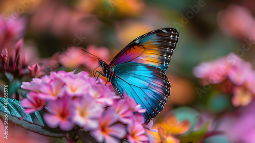 A colorful butterfly resting on a flower, with a rainbow of petals as the background, during a warm summer day © CanvasPixelDreams