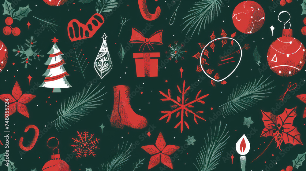 Festive Pattern of Christmas Icons and Symbols in Red and Green