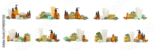 Beautiful spa composition with eucalyptus leaves isolated on white background. Beauty and fashion spa concept with body cream, scrub, mask, essential oil and sea salt.Cosmetic product.
