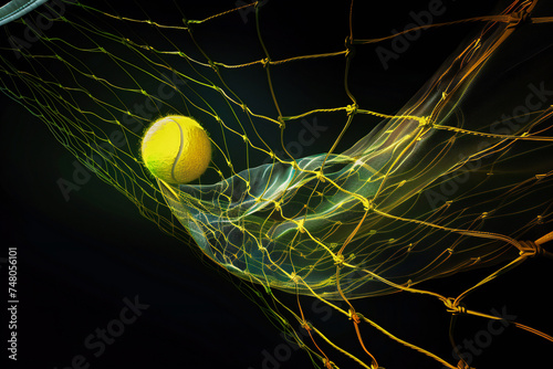 A bright yellow tennis ball flies into a tennis net on a dark background 