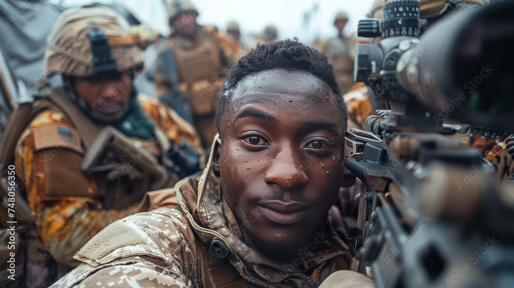 Soldier in Uniform and Rifle Taking a Selfie