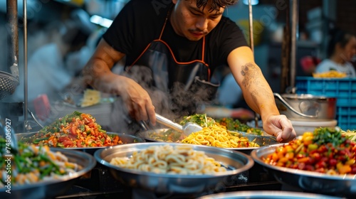 Street Food. A tattooed chef masterfully tosses noodles among vibrant vegetables at a steamy street food stall.